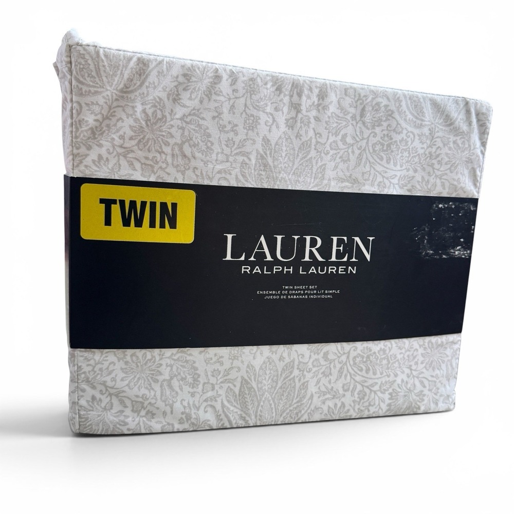 Ralph Lauren Twin LOTUS FLORAL 100% Cotton Sheet Set 3 Pc Gray White Dorm Guest